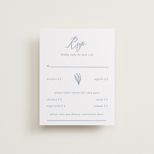 This is a pacific blue rsvp cards with letterpress by Jen Movitz called simple type printing on white cotton in standard
