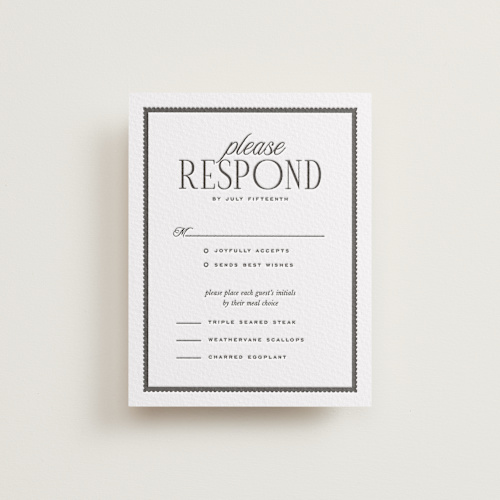 This is a soft black rsvp cards with letterpress by Kamala Nahas called grayson printing on white cotton in standard