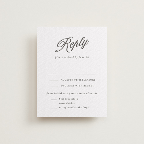 This is a soft black rsvp cards with letterpress by Nicole Walsh called tux printing on somerset500 in standard