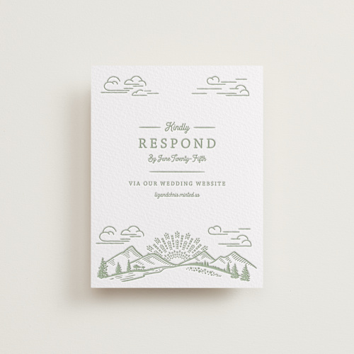 This is a olive rsvp cards with letterpress by Paper Sun Studio called on the horizon printing on white cotton in standard