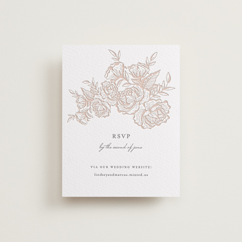 This is a sandstone rsvp cards with letterpress by Jennifer Postorino called in bloom printing on white cotton in standard