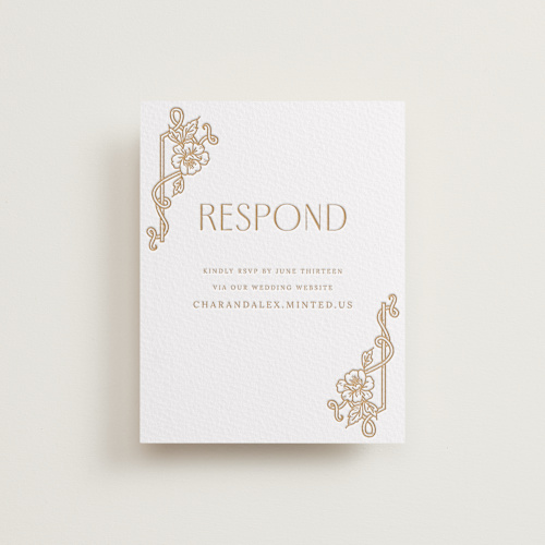 This is a saffron rsvp cards with letterpress by Selima Akhter called nouveau peony printing on white cotton in standard