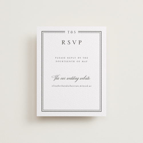 This is a soft black rsvp cards with letterpress by Nicole Walsh called classic frame printing on white cotton in standard