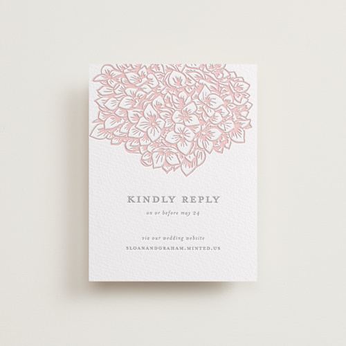 This is a peony rsvp cards with letterpress by Paula Pecevich called hydrangea blooms printing on white cotton in standard
