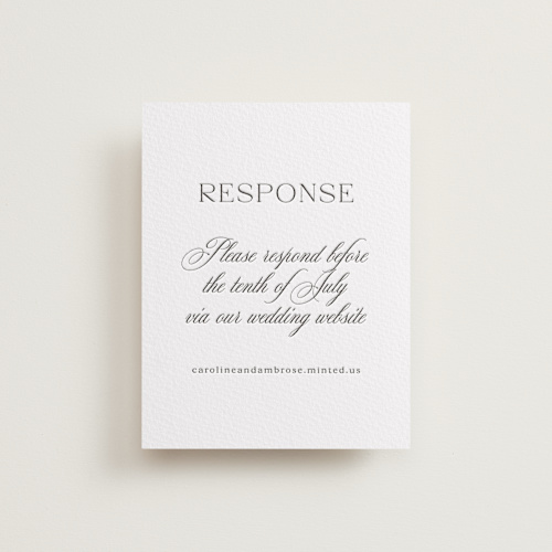 This is a soft black rsvp cards with letterpress by Olivia Raufman called ambrose printing on white cotton in standard