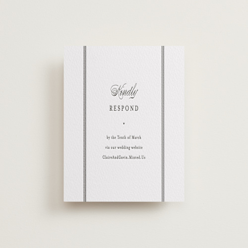 This is a soft black rsvp cards with letterpress by Carolyn MacLaren called timeless together printing on white cotton in standard