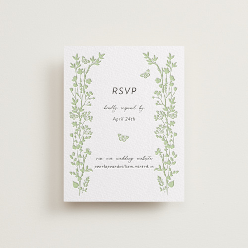 This is a matcha rsvp cards with letterpress by Susan Moyal called flower garden printing on white cotton in standard