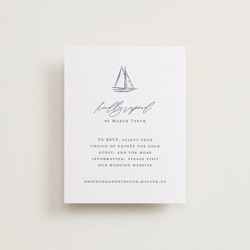 This is a indigo rsvp cards with letterpress by Jelena Vuletic called mariner printing on somerset500 in standard