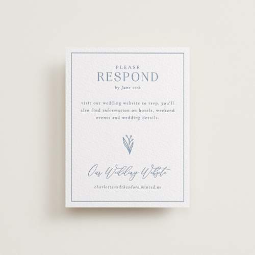 This is a provincial blue rsvp cards with letterpress by Jen Movitz called simple type printing on somerset500 in standard