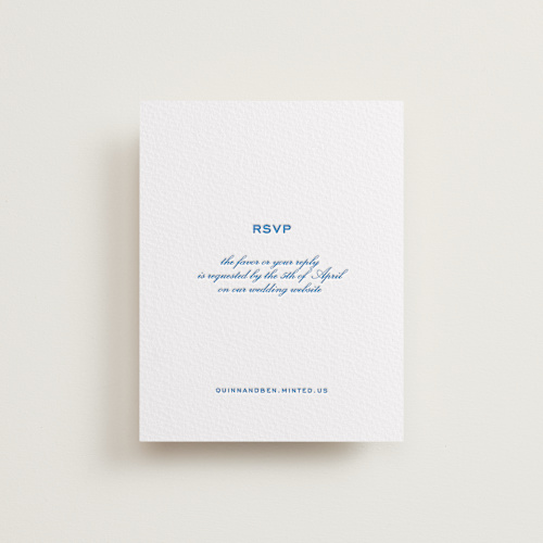 This is a sapphire rsvp cards with letterpress by Megan Davis called brasserie printing on somerset500 in standard