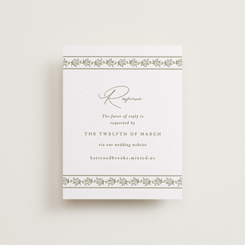 This is a artichoke rsvp cards with letterpress by Olivia Raufman called posy printing on white cotton in standard