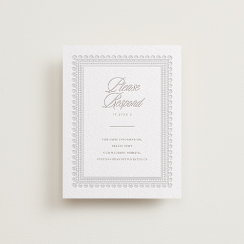 This is a dove grey rsvp cards with letterpress by Vera Lim called shell border printing on white cotton in standard
