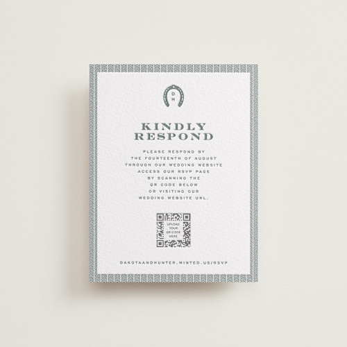 This is a slate rsvp cards with letterpress by Jenna Holcomb called the ranch printing on white cotton in standard