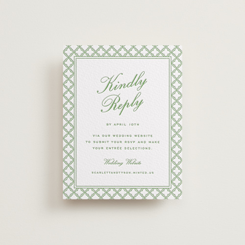This is a pear rsvp cards with letterpress by Angela Garrick called garden trellis printing on somerset500 in standard