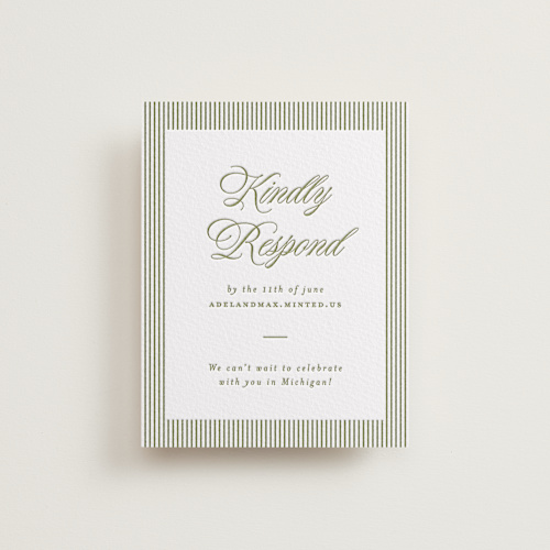 This is a olive rsvp cards with letterpress by Ellen Schlegelmilch called museo printing on white cotton in standard