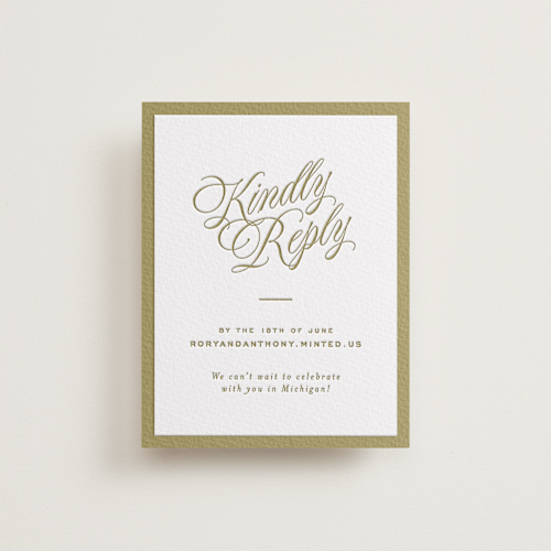 This is a surplus green rsvp cards with letterpress by Ellen Schlegelmilch called rory printing on somerset500 in standard