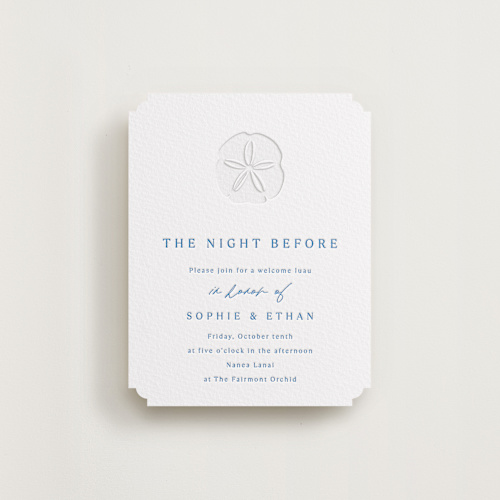 This is a marine blue enclosure cards with letterpress by Kaydi Bishop called palm tree printing on white cotton in standard