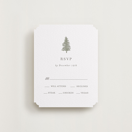 This is a olive rsvp cards with letterpress by Itsy Belle Studio called evergreens printing on white cotton in standard