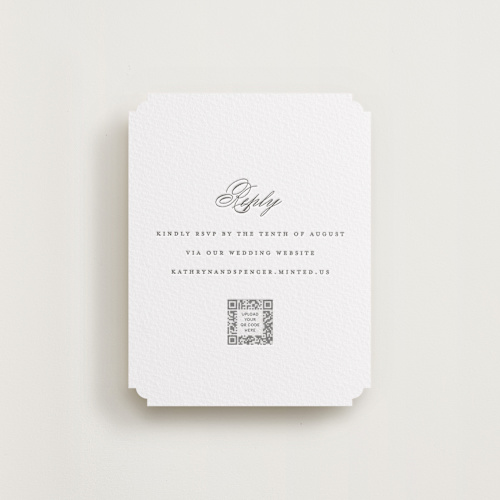 This is a soft black rsvp cards with letterpress by Olivia Raufman called classic composition printing on white cotton in standard