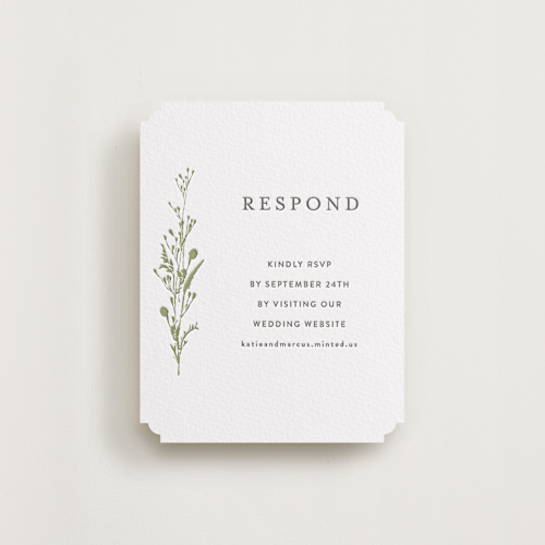 This is a olive rsvp cards with letterpress by Susan Moyal called gathered printing on white cotton in standard