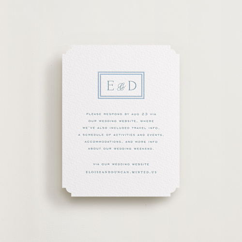 This is a marine blue rsvp cards with letterpress by chocomocacino called ricciarelli printing on white cotton in standard