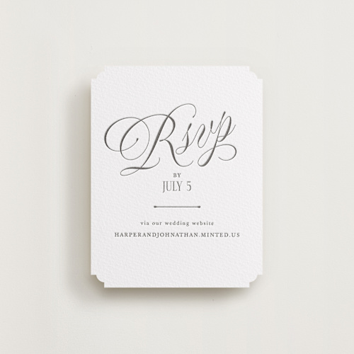 This is a soft black rsvp cards with letterpress by Kate Ahn called mirin printing on white cotton in standard