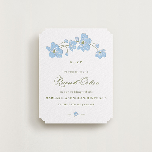 This is a robin's egg rsvp cards with letterpress by letterfix called anemones printing on white cotton in standard