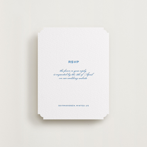 This is a marine blue rsvp cards with letterpress by Megan Davis called brasserie printing on white cotton in standard