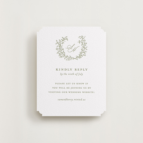 This is a olive rsvp cards with letterpress by Katherine Moynagh called garden script printing on white cotton in standard