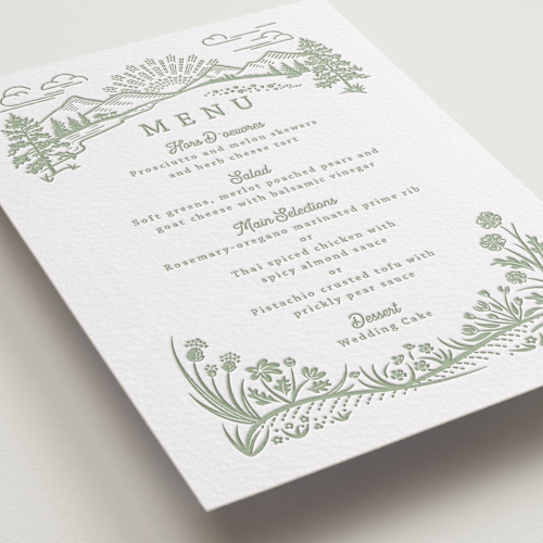 This is a olive menu cards with letterpress by Paper Sun Studio called on the horizon printing on white cotton in standard