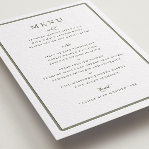 This is a moss menu cards with letterpress by Megan Davis called bevel printing on somerset500 in standard