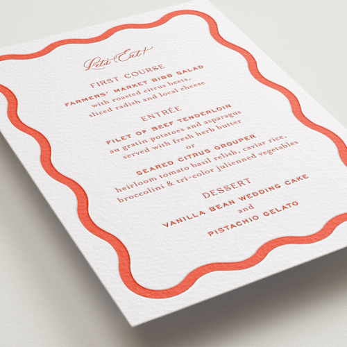 This is a verona sunset menu cards with letterpress by Megan Davis called racquet printing on somerset500 in standard