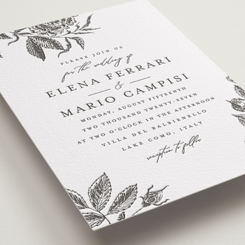 This is a soft black letterpress wedding invitations with letterpress by Chris Griffith called etchings of roses printing on somerset500 in standard