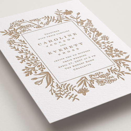 This is a matte gold letterpress wedding invitations with letterpress by Amy Kross called morning fields printing on somerset500 in standard
