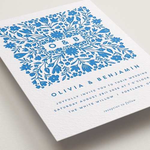 This is a sapphire letterpress wedding invitations with letterpress by Stephanie Hawkes called floral stamp printing on somerset500 in standard