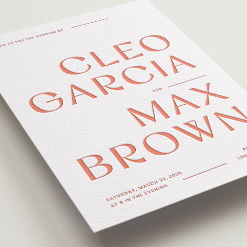 This is a neon orange letterpress wedding invitations with letterpress by Blustery August called boldly printing on somerset500 in standard