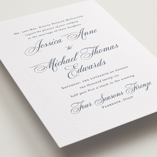 This is a aegean letterpress wedding invitations with letterpress by Jennifer Postorino called empire printing on somerset500 in standard