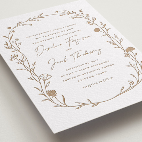 This is a matte gold letterpress wedding invitations with letterpress by chocomocacino called mille-feuille printing on somerset500 in standard