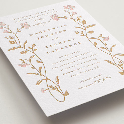 This is a faux gold letterpress wedding invitations with letterpress by Everett Paper Goods called mirror floral printing on somerset500 in standard