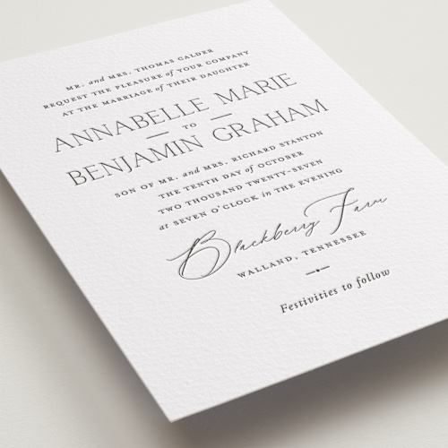 This is a soft black letterpress wedding invitations with letterpress by Oscar and Emma - Karly Depew called perennial printing on somerset500 in standard