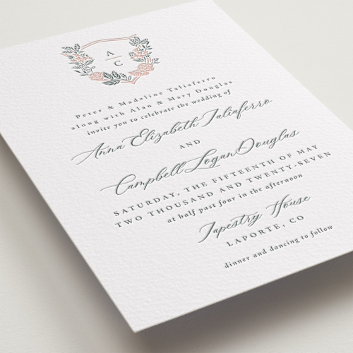 This is a stone letterpress wedding invitations with letterpress by Olivia Raufman called flourishing crest printing on somerset500 in standard