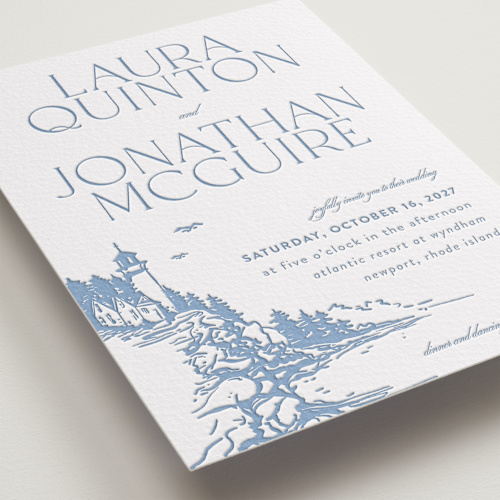 This is a provincial blue letterpress wedding invitations with letterpress by Tennie and Co. called the cliff printing on somerset500 in standard