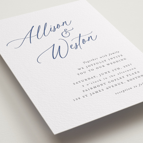 This is a lapis letterpress wedding invitations with letterpress by Hooray Creative called statement names printing on somerset500 in standard