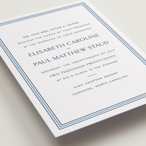 This is a sky blue letterpress wedding invitations with letterpress by Megan Davis called beaufort printing on somerset500 in standard