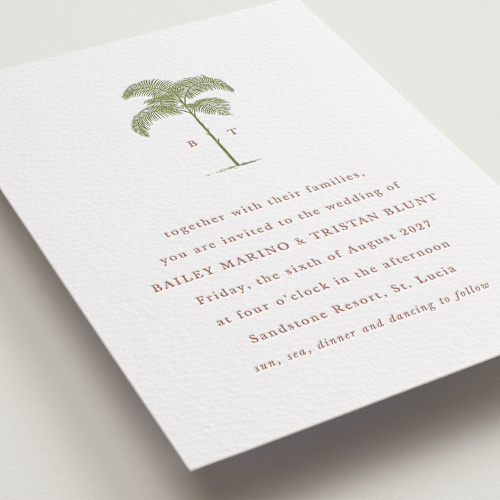 This is a pistachio letterpress wedding invitations with letterpress by Melinda Denison called palm printing on somerset500 in standard