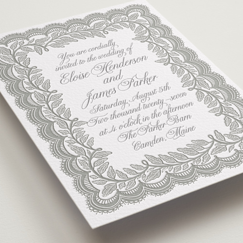 This is a gravel letterpress wedding invitations with letterpress by Katharine Watson called bridal veil printing on somerset500 in standard