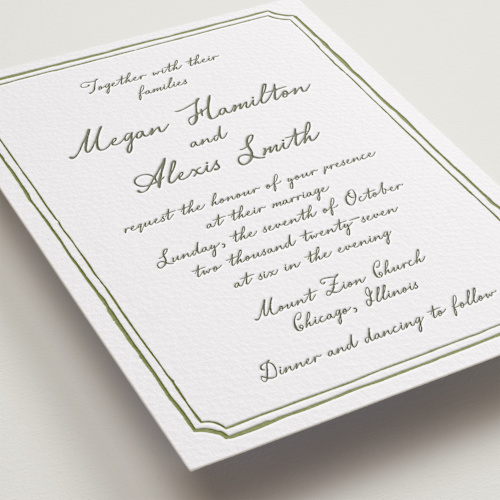 This is a moss letterpress wedding invitations with letterpress by Cass Loh called handwritten printing on somerset500 in standard