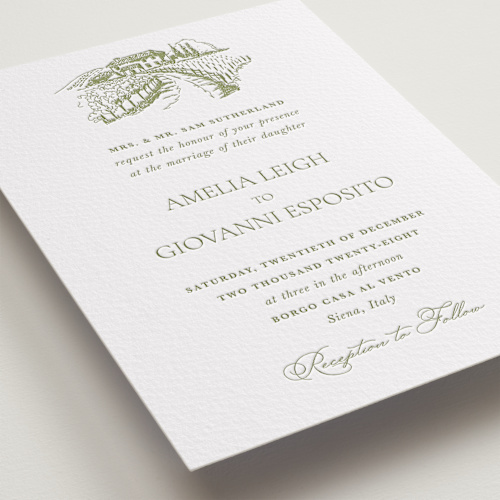 This is a pistachio letterpress wedding invitations with letterpress by Lucrecia Caporale called vineyard elegance printing on somerset500 in standard