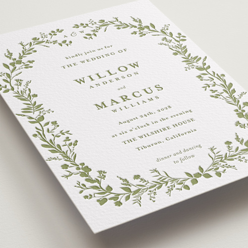 This is a pistachio letterpress wedding invitations with letterpress by Susan Moyal called greenery vine printing on somerset500 in standard