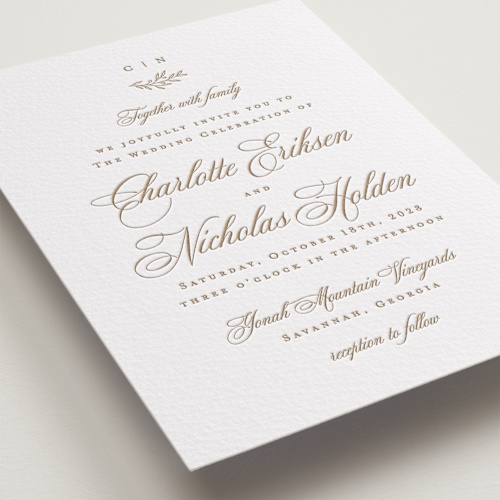 This is a matte gold letterpress wedding invitations with letterpress by Hooray Creative called vineyard script printing on somerset500 in standard